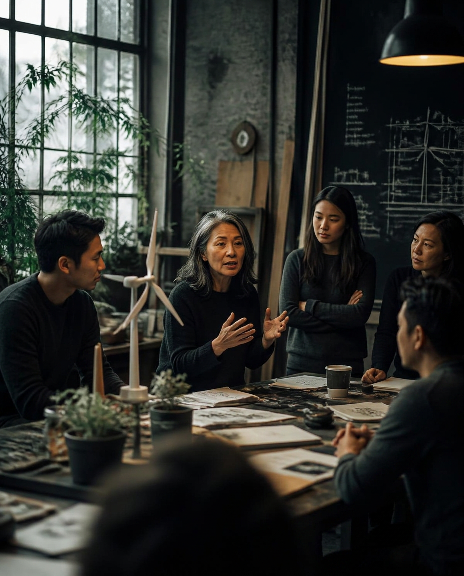 A leader speaking to a small team gathered around an idea in a workshop