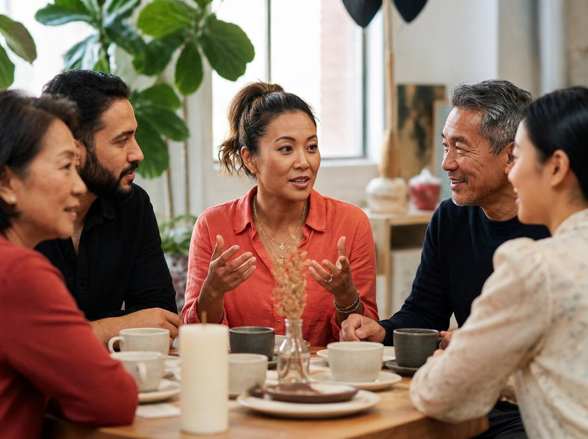 A small, diverse group in an animated conversation