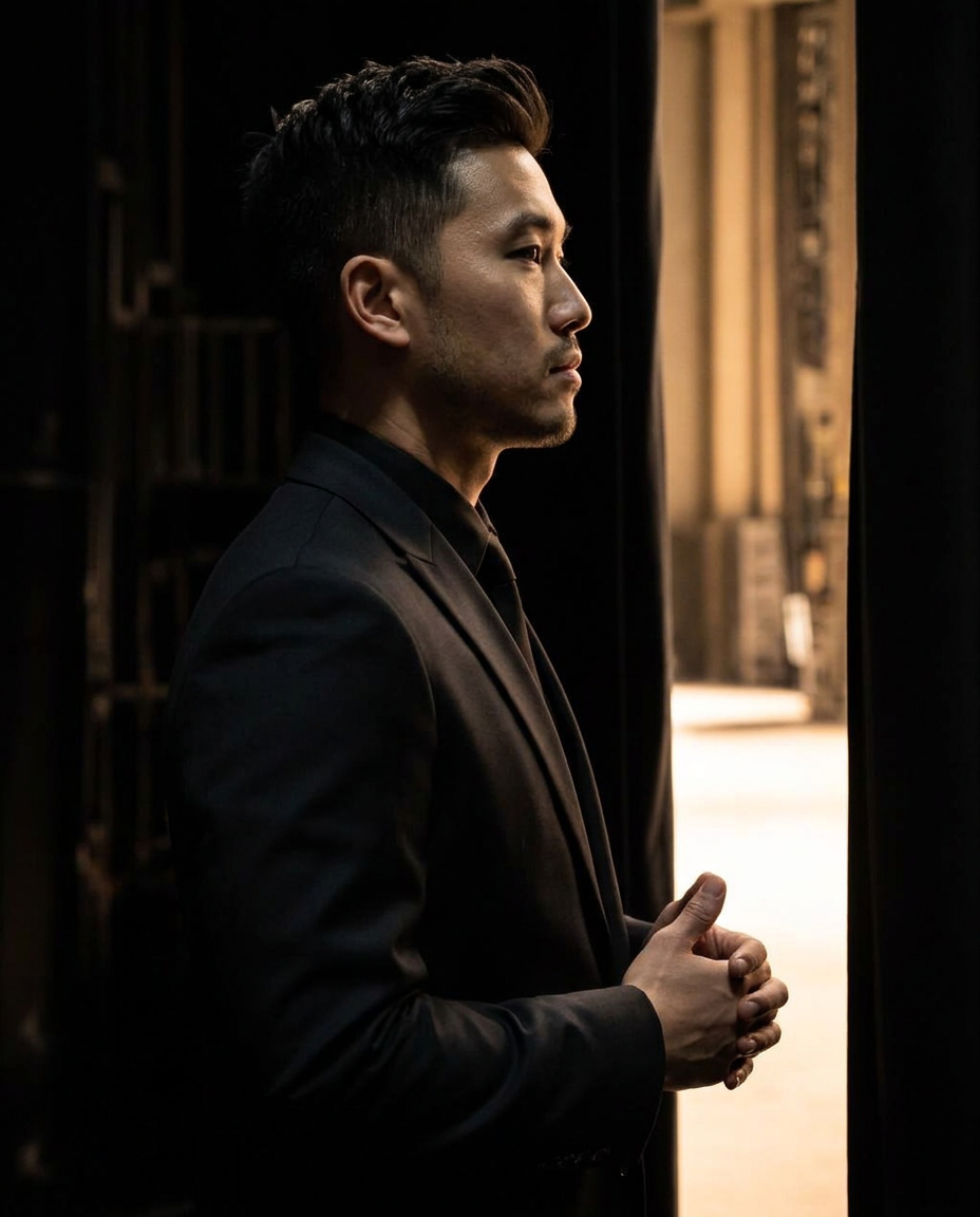 A thoughtful speaker gathering himself before stepping forward