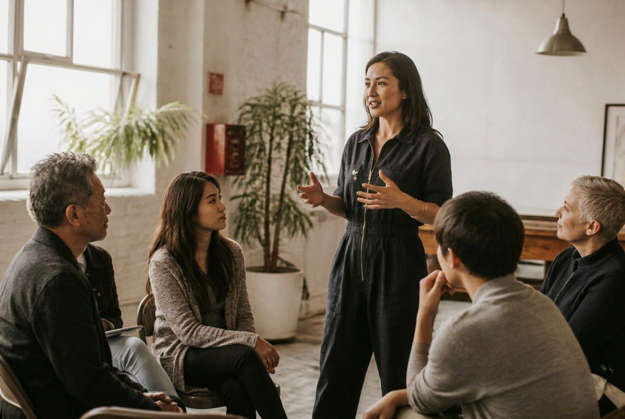 A woman speaking to a small group who are listening and responding
