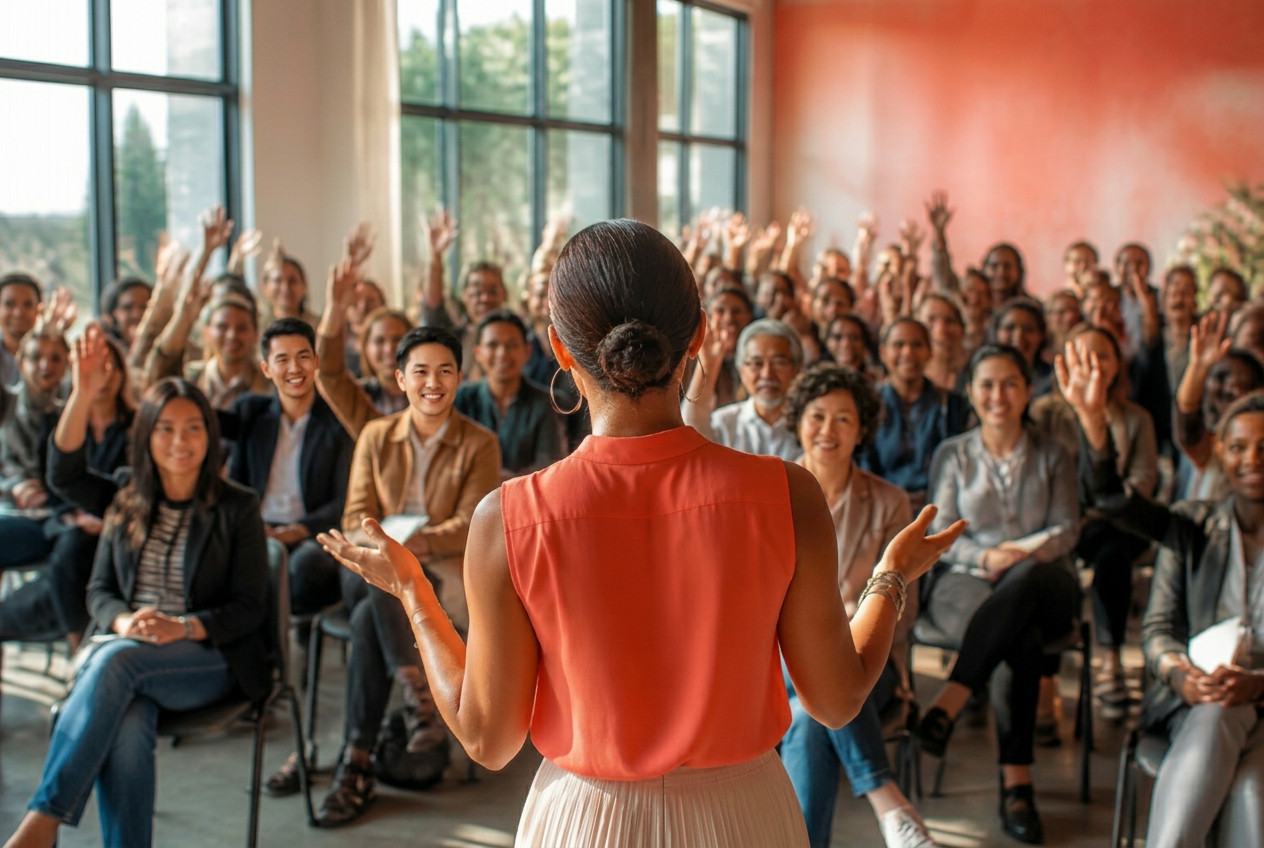 A speaker engaging directly with an audience