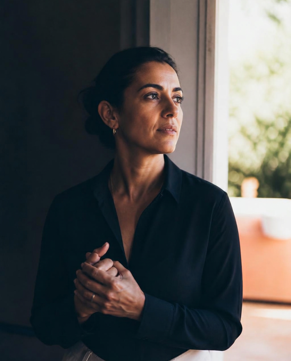 A composed woman taking a quiet breath before stepping into a room