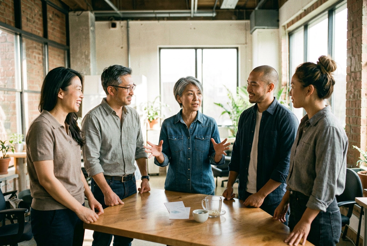 A small team standing around a table while one person explains an idea