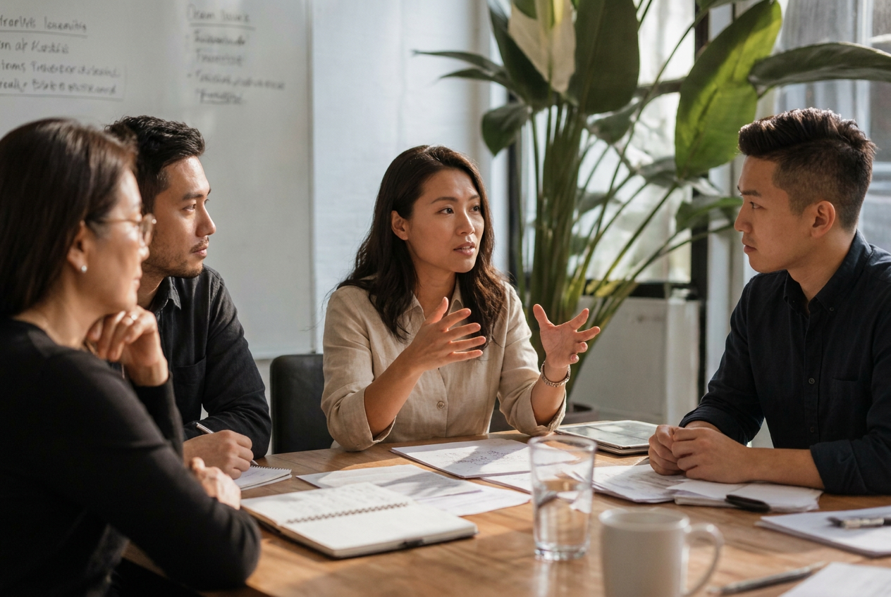 A founder explaining an idea with conviction to colleagues across a table