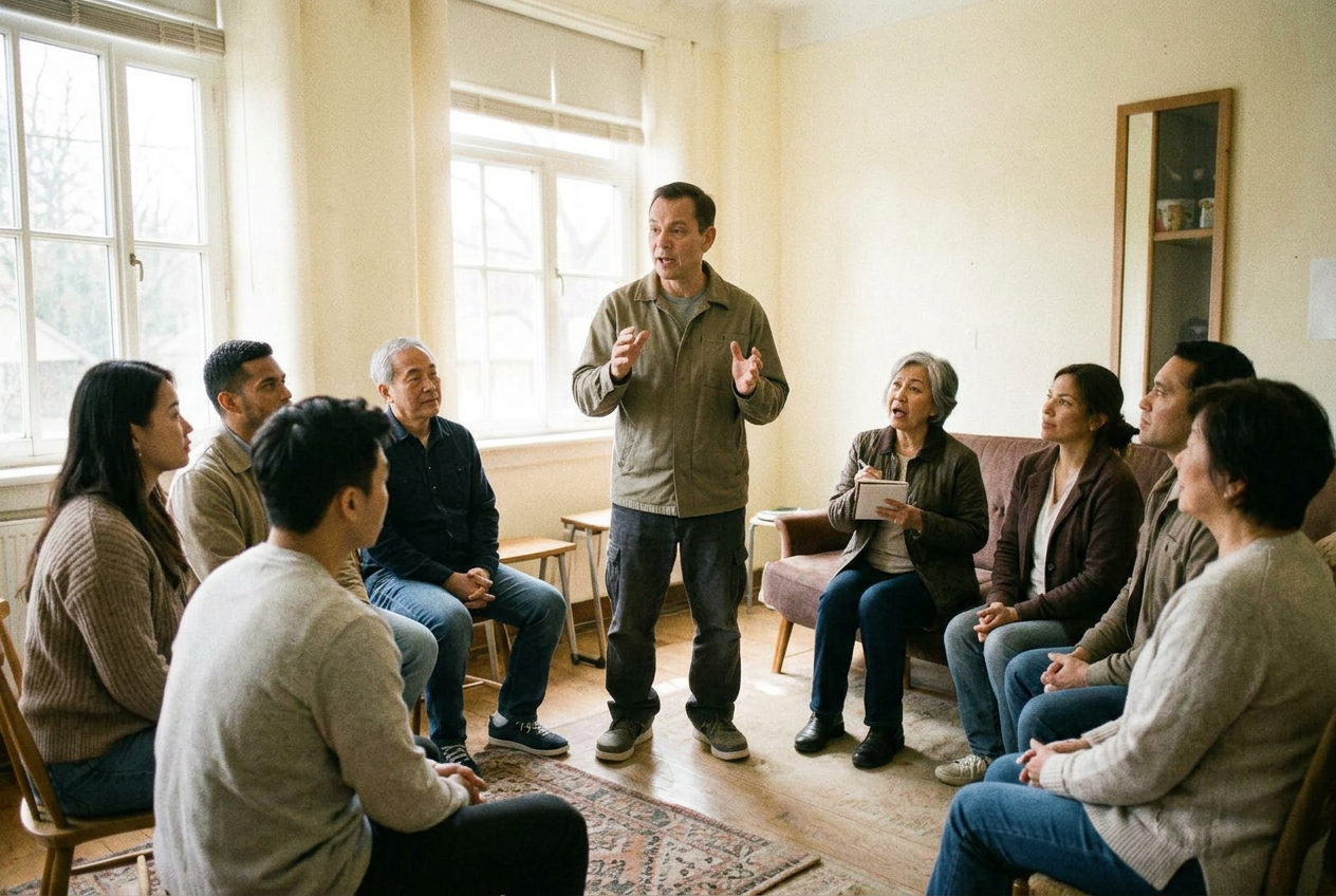 A trainer speaking mid-gesture to a seated group in a daylit workshop room